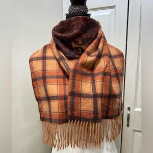 Nordstrom Women Brown Plaid Animal Print Cashmere Scarf Fringe
